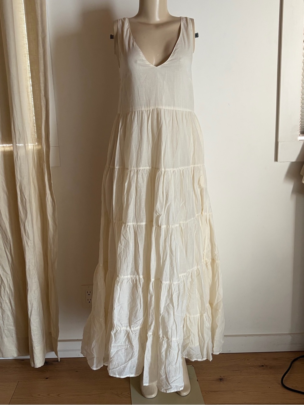 Sleeveless Cream V-Neck Tiered Maxi Dress